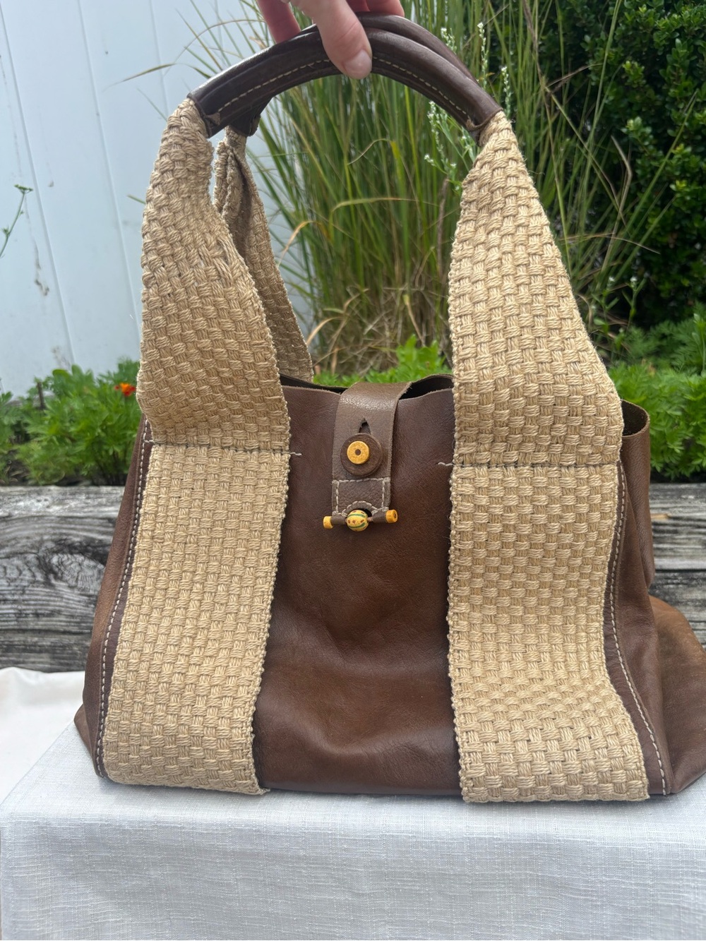 Henry Beguelin Handmade Leather Tote Bag Brown Woven Strap Artisan Italy Boho - Picture 2 of 13